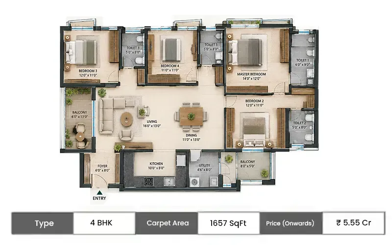 Sunteck Altavia 4 BHK floor plan, 1657 sq ft carpet area